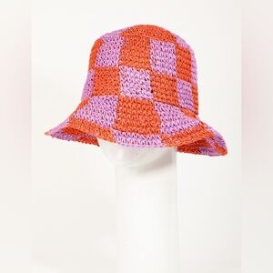 Straw Braided Checkered Bucket Hat|Orange